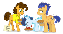 Size: 1040x560 | Tagged: safe, artist:dm29, character:cheese sandwich, character:flash sentry, character:soarin', species:pony, comedy school, pie, simple background, that pony sure does love pies, training, transparent background, trio, voice actor joke, weird al yankovic