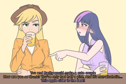 Size: 1280x853 | Tagged: safe, artist:jonfawkes, character:applejack, character:twilight sparkle, species:human, apple cider (drink), blushing, cider, clothing, cowboy hat, drunk, drunk twilight, elf ears, glass, hat, humanized, implied lesbian, implied rarijack, long hair, open mouth, pointing, quickdraw, shipper on deck, simple background, sipping, stetson, table