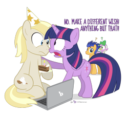 Size: 1080x960 | Tagged: safe, artist:dm29, character:flash sentry, character:spike, character:twilight sparkle, character:twilight sparkle (alicorn), oc, oc:colin nary, species:alicorn, species:pony, birthday, boop, cake, clothing, computer, duo, eye contact, female, frown, hat, hoof hold, laptop computer, mare, noseboop, open mouth, party hat, question mark, raised hoof, simple background, sitting, transparent background, wide eyes