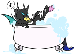 Size: 880x647 | Tagged: safe, artist:egophiliac, oc, oc only, oc:idol hooves, species:changeling, fanfic:the changeling of the guard, bath, bathing, bathtub, bubble bath, claw foot bathtub, clothing, fanfic art, hat, music notes, pith helmet, rubber duck, simple background, transparent background, vector