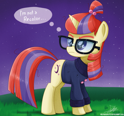 Size: 1871x1742 | Tagged: safe, artist:the-butch-x, character:moondancer, species:pony, species:unicorn, clothing, denial, dialogue, female, glasses, mare, signature, solo, speech bubble