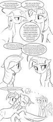 Size: 1280x2963 | Tagged: safe, artist:silfoe, character:princess cadance, character:princess luna, character:shining armor, character:twilight sparkle, character:twilight sparkle (alicorn), character:twilight velvet, species:alicorn, species:pony, royal sketchbook, ship:twiluna, crying, dialogue, eye contact, female, floppy ears, frown, grayscale, heart, hug, lesbian, looking away, love magic, magic, mare, misspelling, monochrome, mother and daughter, open mouth, power of love, raised hoof, shipping, smiling, speech bubble, wide eyes