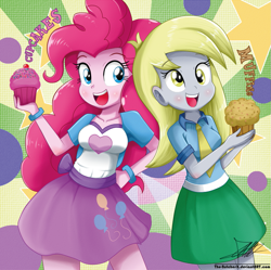 Size: 1039x1036 | Tagged: safe, artist:the-butch-x, character:derpy hooves, character:pinkie pie, my little pony:equestria girls, blushing, clothing, cupcake, cupcakes vs muffins, cute, diapinkes, female, food, green skirt, hand on hip, long hair, muffin, necktie, open mouth, shirt, signature, skirt, sunburst background