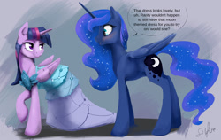 Size: 2668x1688 | Tagged: safe, artist:silfoe, character:princess luna, character:twilight sparkle, character:twilight sparkle (alicorn), species:alicorn, species:pony, royal sketchbook, ship:twiluna, episode:canterlot boutique, g4, my little pony: friendship is magic, :o, bedroom eyes, blushing, clothing, dialogue, dress, eye contact, female, lesbian, looking back, mare, missing accessory, open mouth, princess dress, raised hoof, shipping, smiling, that was fast, wide eyes