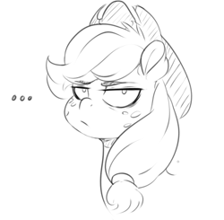Size: 650x637 | Tagged: safe, artist:sundown, character:applejack, species:pony, ..., applejack is not amused, female, frown, lidded eyes, looking at you, monochrome, portrait, solo, unamused