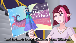 Size: 1280x720 | Tagged: safe, artist:jonfawkes, character:cayenne, character:twilight sparkle, species:human, episode:canterlot boutique, g4, my little pony: friendship is magic, clothing, dialogue, dress, elf ears, female, humanized, magazine, necklace, open mouth, princess dress, scene interpretation, smiling, solo, unicorns as elves, waving