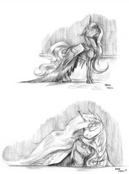 Size: 1000x1345 | Tagged: safe, artist:baron engel, character:princess celestia, character:princess luna, clothing, dress, hug, monochrome, pencil drawing, story in the source, traditional art