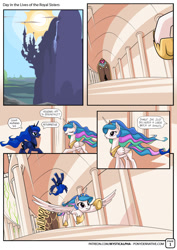 Size: 955x1351 | Tagged: safe, artist:mysticalpha, character:princess celestia, character:princess luna, species:alicorn, species:pony, comic:day in the lives of the royal sisters, canterlot, canterlot castle, comic, crown, cute, cutelestia, dialogue, donut, eyes closed, female, flying, horseshoes, jewelry, mare, open mouth, peytral, raised hoof, regalia, rekt, scrunchy face, speech bubble, spread wings, sun, tackle, underhoof, wavy mouth, wings