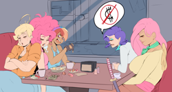 Size: 2245x1202 | Tagged: safe, artist:sundown, character:applejack, character:fluttershy, character:pinkie pie, character:rainbow dash, character:rarity, species:human, ashtray, bags under eyes, breasts, busty fluttershy, cake, cheesecake, cigarette, cleavage, clothing, crossed arms, diner, dog tags, drool, eyes closed, female, fingerless gloves, food, gloves, horned humanization, humanized, jacqueline applebuck, juliette d'rarie, katana, open mouth, rebus, sleeping, smiling, snoring, snot bubble, sword, table, tired, weapon, winged humanization