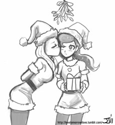 Size: 914x1000 | Tagged: safe, artist:johnjoseco, character:fluttershy, character:princess luna, species:human, ship:lunashy, blushing, christmas, clothing, dress, female, grayscale, humanized, kissing, lesbian, monochrome, pantyhose, shipping