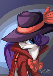 Size: 955x1351 | Tagged: safe, artist:mysticalpha, character:rarity, species:pony, species:unicorn, episode:rarity investigates, g4, my little pony: friendship is magic, carmen sandiego, clothing, fedora, female, grin, hat, parody, signature, solo, that was fast