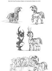 Size: 940x1280 | Tagged: safe, artist:baron engel, character:fluttershy, character:pinkie pie, character:rainbow dash, character:twilight sparkle, character:zecora, oc, species:zebra, fanfic, grayscale, monochrome, pencil drawing, traditional art