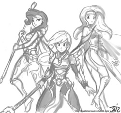 Size: 1280x1200 | Tagged: safe, artist:johnjoseco, character:applejack, character:fluttershy, character:rarity, species:human, armor, crossover, female, final fantasy, glaive, grayscale, humanized, monochrome, weapon