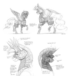 Size: 1024x1148 | Tagged: safe, artist:baron engel, character:princess celestia, character:princess luna, armor, monochrome, pencil drawing, story in the source, traditional art, warrior celestia, warrior luna