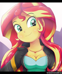 Size: 850x1022 | Tagged: safe, artist:the-butch-x, character:sunset shimmer, my little pony:equestria girls, beautiful, breasts, busty sunset shimmer, cleavage, clothing, cute, female, heart eyes, jacket, leather jacket, looking at you, shimmerbetes, signature, smiling, solo, sweet dreams fuel, wingding eyes