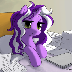 Size: 900x900 | Tagged: safe, artist:johnjoseco, oc, oc only, oc:purple tinker, species:pony, species:unicorn, bed, cute, female, lidded eyes, mare, messy mane, morning, morning ponies, ocbetes, paper, sitting, smiling, solo, wavy mouth