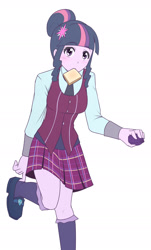 Size: 1280x2116 | Tagged: safe, artist:jonfawkes, character:twilight sparkle, character:twilight sparkle (scitwi), species:eqg human, equestria girls:friendship games, g4, my little pony: equestria girls, my little pony:equestria girls, clothing, crystal prep academy uniform, cute, female, looking at you, magic capture device, mouth hold, nom, school uniform, schoolgirl toast, skirt, solo, toast, twiabetes