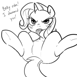 Size: 863x866 | Tagged: safe, artist:glacierclear, character:trixie, species:pony, species:unicorn, bellyrubs, blushing, chest fluff, featureless crotch, female, glare, looking at you, mare, monochrome, open mouth, solo, tsundere, tsunderixie, underhoof