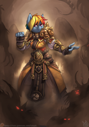 Size: 840x1200 | Tagged: safe, artist:atryl, character:rainbow dash, species:anthro, armor, clothing, crossover, diablo, diablo 3, female, fist, monk, signature, solo