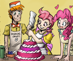Size: 1000x833 | Tagged: safe, artist:johnjoseco, artist:michos, character:carrot cake, character:cup cake, character:pinkie pie, species:human, ship:carrot cup, apron, clothing, cute, female, heart, humanized, male, shipping, straight
