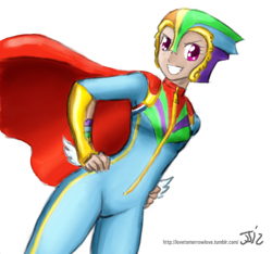 Size: 1280x1200 | Tagged: safe, artist:johnjoseco, artist:michos, character:rainbow dash, species:human, cape, clothing, costume, female, humanized, simple background, solo, white background