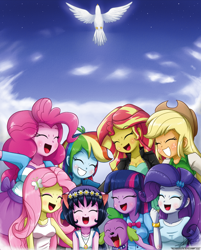 Size: 1102x1370 | Tagged: safe, artist:the-butch-x, character:applejack, character:fluttershy, character:pinkie pie, character:rainbow dash, character:rarity, character:spike, character:sunset shimmer, character:twilight sparkle, oc, oc:cassey, species:dog, my little pony:equestria girls, clothing, cowboy hat, cute, dove, eyes closed, grin, happy, hat, heaven, holy spirit, humane seven, humane six, jacket, leather jacket, open mouth, skirt, smiling, spike the dog, stetson
