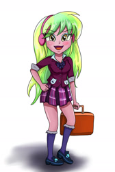 Size: 1596x2377 | Tagged: safe, artist:sumin6301, character:lemon zest, equestria girls:friendship games, g4, my little pony: equestria girls, my little pony:equestria girls, bag, bow tie, clothing, crystal prep academy, crystal prep shadowbolts, cute little fangs, fangs, female, headphones, looking at you, open mouth, pleated skirt, raised leg, school uniform, skirt, solo