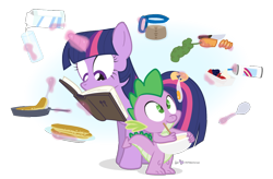 Size: 950x625 | Tagged: safe, artist:dm29, character:spike, character:twilight sparkle, breakfast, carrot, coffee, cookbook, duo, egg, magic, pancakes, simple background, spatula, spoon, transparent background