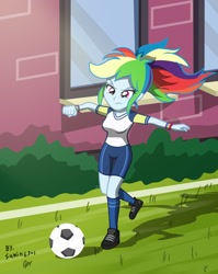 Size: 1500x1884 | Tagged: safe, artist:sumin6301, character:rainbow dash, equestria girls:friendship games, g4, my little pony: equestria girls, my little pony:equestria girls, alternate hairstyle, ball, canterlot high, clothing, female, football, kicking, playing, ponytail, raised leg, signature, solo, uniform, wristband
