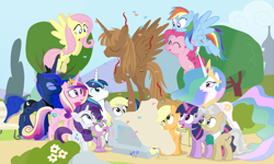 Size: 1500x900 | Tagged: safe, artist:dm29, character:applejack, character:derpy hooves, character:fluttershy, character:mayor mare, character:pinkie pie, character:princess cadance, character:princess celestia, character:princess luna, character:rainbow dash, character:rarity, character:shining armor, character:spike, character:twilight sparkle, character:twilight sparkle (alicorn), oc, oc:fausticorn, species:alicorn, species:pony, alicorn tetrarchy, anniversary, confetti, female, lauren faust, mane seven, mane six, mare, statue, unveiling