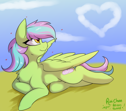 Size: 1500x1312 | Tagged: safe, artist:rinikka, oc, oc:sweet lilac, species:pegasus, species:pony, g4, cloud, cute, gazing, laying on ground, looking up, lying down, ocbetes, pegasus oc, profile, prone, signature, smiling, solo, wings