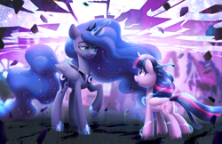 Size: 1024x663 | Tagged: safe, artist:dawnfire, character:princess luna, character:twilight sparkle, species:alicorn, species:pony, fanfic:the enchanted kingdom, g4, duo, magic, teary eyes