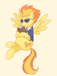 Size: 2270x3058 | Tagged: safe, artist:ginmaruxx, character:spitfire, species:pegasus, species:pony, g4, clipboard, clothing, female, flying, high res, mare, orange background, simple background, solo, spread wings, sunglasses, uniform, wings, wonderbolts dress uniform