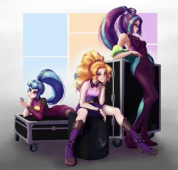 Size: 1024x979 | Tagged: safe, artist:the-park, manebooru spotlight, character:adagio dazzle, character:aria blaze, character:sonata dusk, species:human, g4, my little pony:equestria girls, armpits, bodysuit, cellphone, clothing, featured on derpibooru, female, human coloration, humanized, phone, pigtails, ponytail, sexy, simple background, smartphone, smiling, sunset's backstage pass!, the dazzlings, trio, twintails