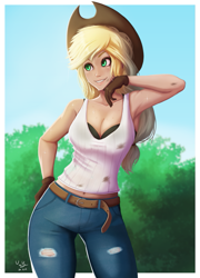 Size: 721x1000 | Tagged: safe, artist:the-park, character:applejack, species:human, g4, applejack's hat, female, gloves, humanized, jeans, solo, sweat, tank top