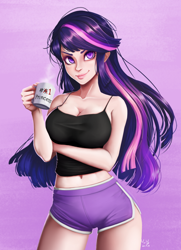 Size: 724x1000 | Tagged: safe, artist:the-park, character:twilight sparkle, species:human, g4, female, humanized, mug, shorts, simple background, solo, tank top