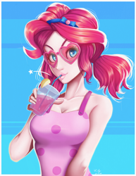 Size: 772x1000 | Tagged: safe, artist:the-park, character:pinkie pie, species:human, g4, my little pony:equestria girls, beverage, female, hairband, lemon, pigtails, simple background, solo, sunglasses