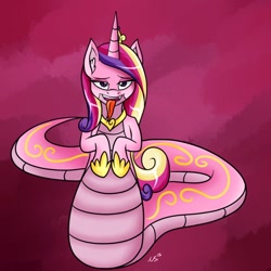 Size: 894x894 | Tagged: safe, alternate version, artist:novaspark, character:princess cadance, species:alicorn, species:lamia, species:pony, bedroom eyes, crown, female, forked tongue, looking at you, open mouth, original species, pretty, princess, solo, species swap, tongue out