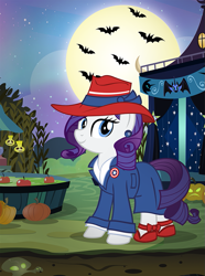 Size: 743x1000 | Tagged: safe, artist:pixelkitties, character:rarity, species:bat, badge, captain america, clothing, costume, female, full moon, hat, marvel, marvel cinematic universe, moon, night sky, nightmare night, peggy carter, solo, stars