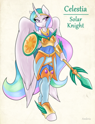 Size: 2550x3300 | Tagged: safe, artist:ambris, character:princess celestia, species:alicorn, species:anthro, species:pony, species:unguligrade anthro, adventuring is magic, armor, clothing, colored pupils, curved horn, fantasy class, female, knight, shield, smiling, solo, spear, warrior, weapon