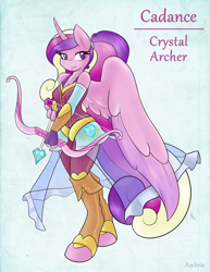 Size: 2550x3300 | Tagged: safe, artist:ambris, character:princess cadance, species:alicorn, species:anthro, species:unguligrade anthro, g4, adventuring is magic, archery, arrow, blushing, bow (weapon), bow and arrow, clothing, colored pupils, curved horn, female, looking at you, mare, ponytail, smiling, solo, weapon