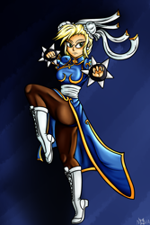 Size: 1400x2100 | Tagged: safe, artist:novaspark, character:applejack, species:human, alternate hairstyle, applebucking thighs, bracelet, capcom, chun li, clothing, cosplay, costume, crossover, female, humanized, pantyhose, solo, spiked wristband, street fighter, underwear