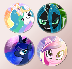Size: 600x574 | Tagged: safe, artist:pixelkitties, character:princess cadance, character:princess celestia, character:princess luna, character:queen chrysalis, species:alicorn, species:changeling, species:pony, buttons, changeling queen, female, mare