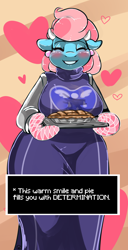 Size: 1200x2335 | Tagged: safe, artist:arnachy, character:cup cake, species:anthro, breasts, busty cup cake, clothing, costume, crossover, cute, eyes closed, female, grin, pie, smiling, solo, toriel, undertale