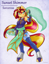 Size: 1275x1650 | Tagged: safe, artist:ambris, character:sunset shimmer, species:anthro, species:unguligrade anthro, my little pony:equestria girls, abs, adventuring is magic, armpits, colored pupils, curved horn, female, glow, magic, solo, sorceress