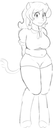 Size: 382x900 | Tagged: safe, artist:dj-black-n-white, oc, oc only, oc:petunia, parent:daisy jo, satyr, species:anthro, species:cow, horns, hot pants, monochrome, offspring