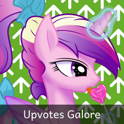 Size: 1024x1024 | Tagged: safe, artist:kp-shadowsquirrel, artist:parclytaxel, character:princess cadance, species:alicorn, species:pony, derpibooru, abstract background, bust, candy, female, licking, lollipop, mare, meta, ponytail, portrait, solo, spoilered image joke, tongue out, upvote, vector