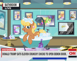 Size: 800x630 | Tagged: safe, artist:pixelkitties, character:chickadee, character:mayor mare, character:ms. harshwhinny, character:ms. peachbottom, character:prince blueblood, bath, bathroom, bathtub, bubble bath, cable news network, claw foot bathtub, cnn, cute, donald trump, fable, looking at you, open mouth, plot, police tape, smiling, toilet, votehorse, wat, wine