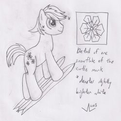 Size: 1362x1366 | Tagged: safe, artist:parclytaxel, character:double diamond, annotations, cutie mark, how to draw, lineart, male, monochrome, skis, snowflake, solo, traditional art, tutorial