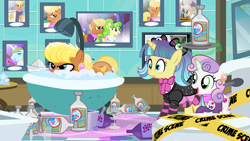 Size: 900x506 | Tagged: safe, artist:pixelkitties, character:chickadee, character:mayor mare, character:ms. harshwhinny, character:ms. peachbottom, character:prince blueblood, character:sweetie belle, bagpipes o'toole, bath, bathtub, drunk, pixel pizazz, police tape, ponified, scotch, soon, toilet, vodka, votehorse